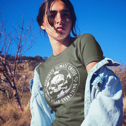 Person wearing a khaki t-shirt with a climate crisis graphic outdoors. An anti corporate t shirt encouraging social awareness and support to save our planet from corporate negligence. Make it clear you are no fool to where the climate problem blame should be placed with this original design. Made from 100% organic ring-spun cotton, this save the world t shirt is unisex, high-quality, super comfy, and best of all, eco-friendly.