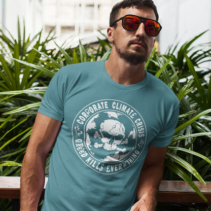 Man wearing a stargazer t-shirt with a graphic design in front of green plants. An anti corporate t shirt encouraging social awareness and support to save our planet from corporate negligence. Make it clear you are no fool to where the climate problem blame should be placed with this original design. Made from 100% organic ring-spun cotton, this save the world t shirt is unisex, high-quality, super comfy, and best of all, eco-friendly.