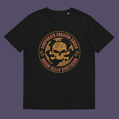 Black t-shirt. AN anti-corporate climate concern t-shirt encouraging social awareness and support to save our planet from corporate negligence. Make it clear you are no fool to where the climate problem blame should be placed with this original design. Made from 100% organic ring-spun cotton, this anti corporate t-shirt is unisex, high-quality, super comfy, and best of all, eco-friendly.