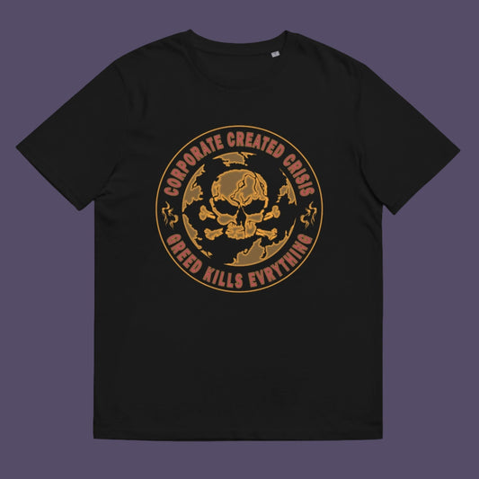 Black t-shirt. AN anti-corporate climate concern t-shirt encouraging social awareness and support to save our planet from corporate negligence. Make it clear you are no fool to where the climate problem blame should be placed with this original design. Made from 100% organic ring-spun cotton, this anti corporate t-shirt is unisex, high-quality, super comfy, and best of all, eco-friendly.