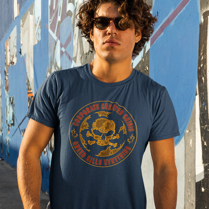 Man wearing a French navy blue t-shirt with a gold graphic design in an urban setting. An anti-corporate t shirt encouraging social awareness and support to save our planet from corporate negligence. Make it clear you are no fool to where the climate problem blame should be placed with this original design. Made from 100% organic ring-spun cotton, this save the world t shirt is unisex, high-quality, super comfy, and best of all, eco-friendly.