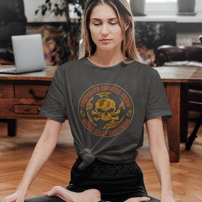 Woman wearing a t-shirt with a graphic design in a casual setting. An anti-corporate t shirt encouraging social awareness and support to save our planet from corporate negligence. Make it clear you are no fool to where the climate problem blame should be placed with this original design. Made from 100% organic ring-spun cotton, this save the world t shirt is unisex, high-quality, super comfy, and best of all, eco-friendly.