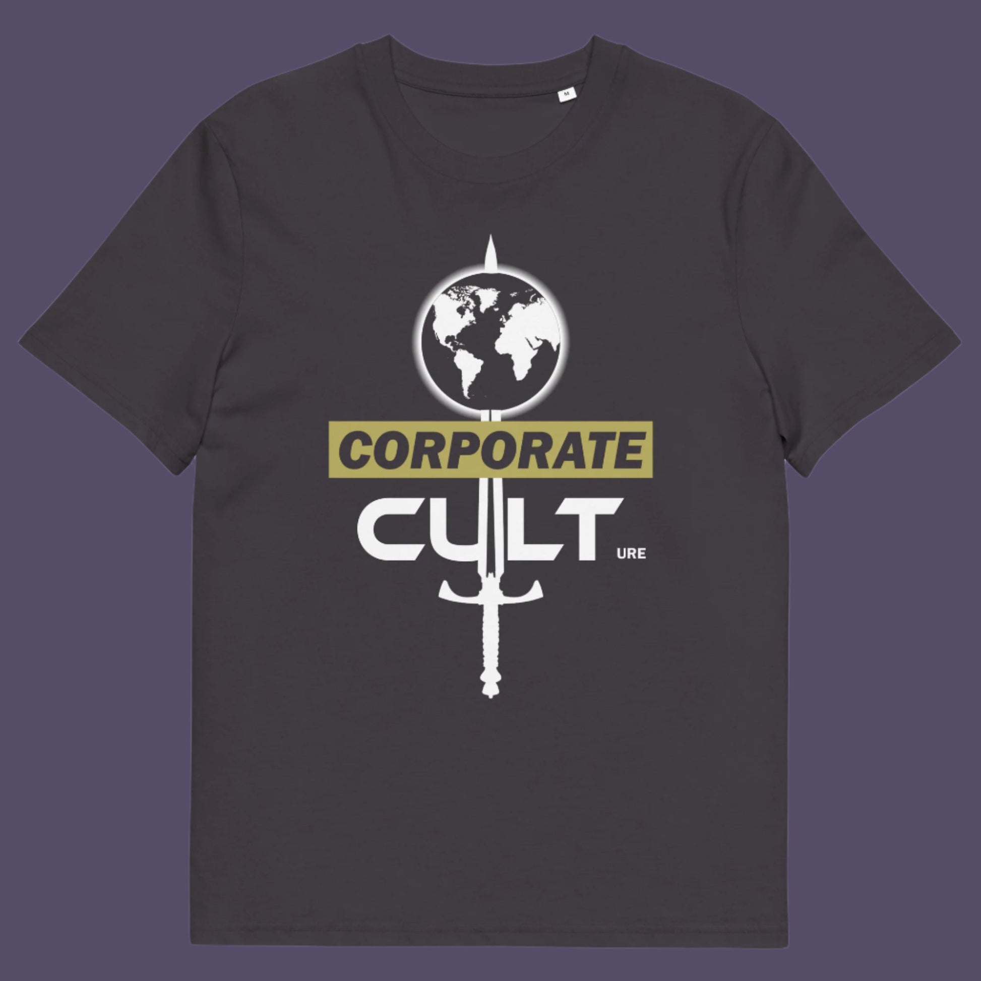 Anthracite t shirt. This anti corporate t shirt suggests the corporate mind set and dehumanisation of people is like that of a religious cult. If you feel that corporate business is destroying the planet and the belief it it is paramount to a cult mentality, you'll love this political satire design. Welcome to corporate culture, the enemy of the planet. Made from 100% organic ring-spun cotton, these social issues t shirts are unisex, high-quality, super comfy, and best of all, eco-friendly.