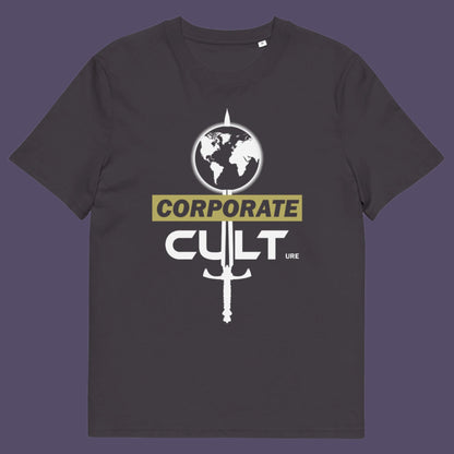 Anthracite t shirt. This anti corporate t shirt suggests the corporate mind set and dehumanisation of people is like that of a religious cult. If you feel that corporate business is destroying the planet and the belief it it is paramount to a cult mentality, you'll love this political satire design. Welcome to corporate culture, the enemy of the planet. Made from 100% organic ring-spun cotton, these social issues t shirts are unisex, high-quality, super comfy, and best of all, eco-friendly.