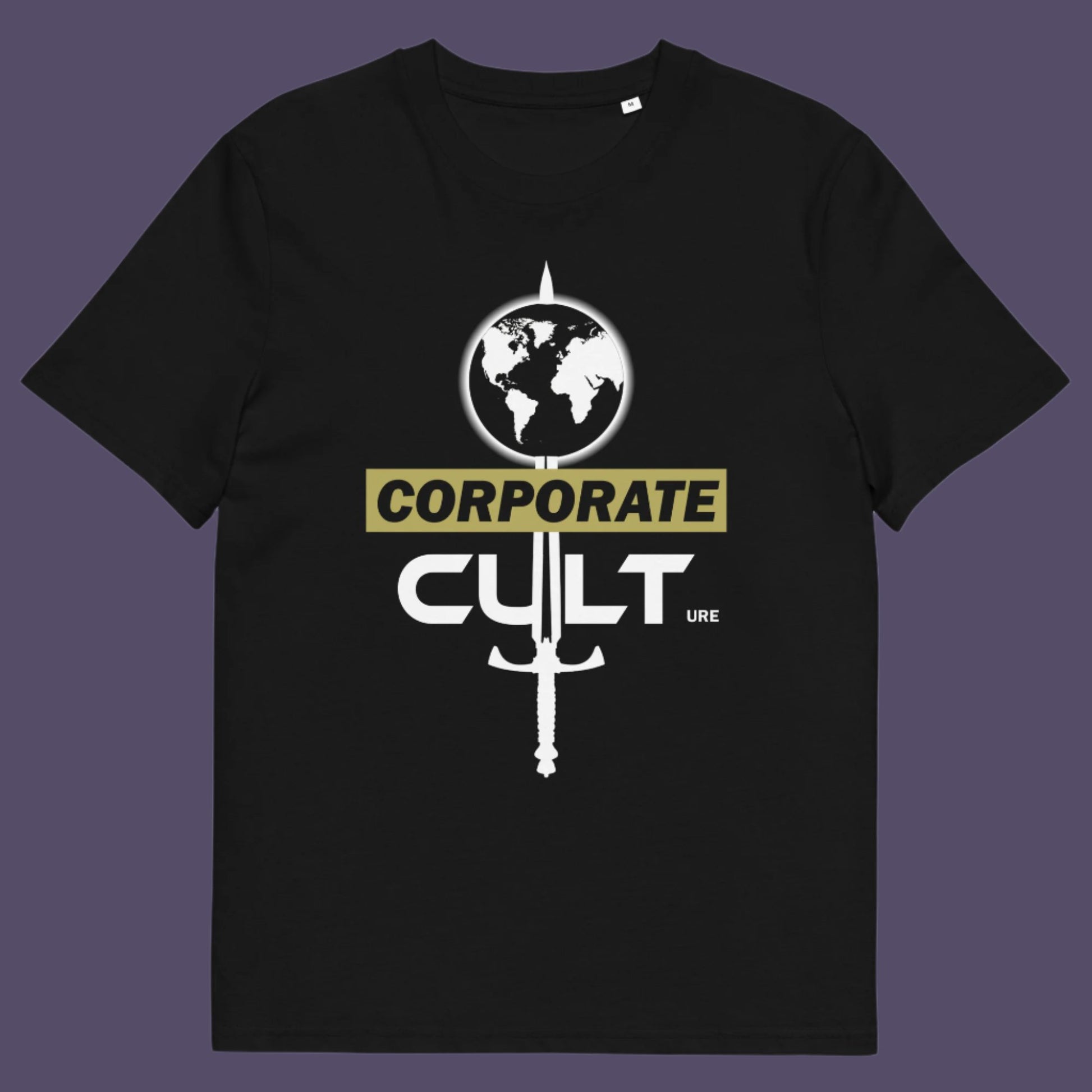 Black t shirt. This anti corporate t shirt suggests the corporate mind set and dehumanisation of people is like that of a religious cult. If you feel that corporate business is destroying the planet and the belief it it is paramount to a cult mentality, you'll love this political satire design. Welcome to corporate culture, the enemy of the planet. Made from 100% organic ring-spun cotton, these social issues t shirts are unisex, high-quality, super comfy, and best of all, eco-friendly.