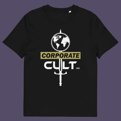 Black t shirt. This anti corporate t shirt suggests the corporate mind set and dehumanisation of people is like that of a religious cult. If you feel that corporate business is destroying the planet and the belief it it is paramount to a cult mentality, you'll love this political satire design. Welcome to corporate culture, the enemy of the planet. Made from 100% organic ring-spun cotton, these social issues t shirts are unisex, high-quality, super comfy, and best of all, eco-friendly.