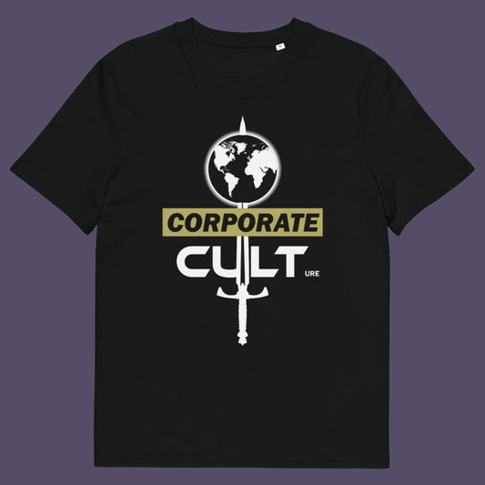 Black t shirt. This anti corporate t shirt suggests the corporate mind set and dehumanisation of people is like that of a religious cult. If you feel that corporate business is destroying the planet and the belief it it is paramount to a cult mentality, you'll love this political satire design. Welcome to corporate culture, the enemy of the planet. Made from 100% organic ring-spun cotton, these social issues t shirts are unisex, high-quality, super comfy, and best of all, eco-friendly.