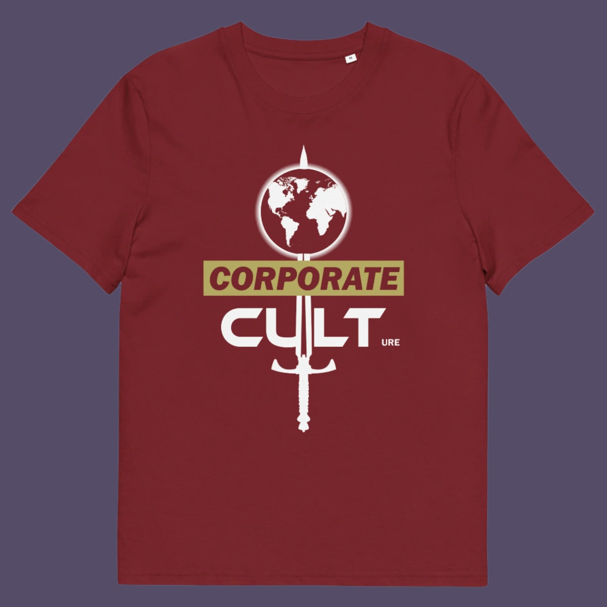 Burgundy t shirt. This anti corporate t shirt suggests the corporate mind set and dehumanisation of people is like that of a religious cult. If you feel that corporate business is destroying the planet and the belief it it is paramount to a cult mentality, you'll love this political satire design. Welcome to corporate culture, the enemy of the planet. Made from 100% organic ring-spun cotton, these social issues t shirts are unisex, high-quality, super comfy, and best of all, eco-friendly.