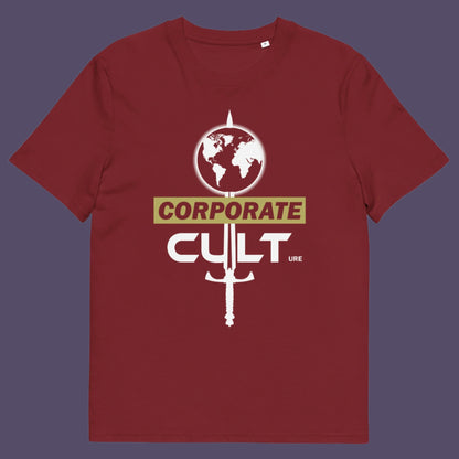 Burgundy t shirt. This anti corporate t shirt suggests the corporate mind set and dehumanisation of people is like that of a religious cult. If you feel that corporate business is destroying the planet and the belief it it is paramount to a cult mentality, you'll love this political satire design. Welcome to corporate culture, the enemy of the planet. Made from 100% organic ring-spun cotton, these social issues t shirts are unisex, high-quality, super comfy, and best of all, eco-friendly.