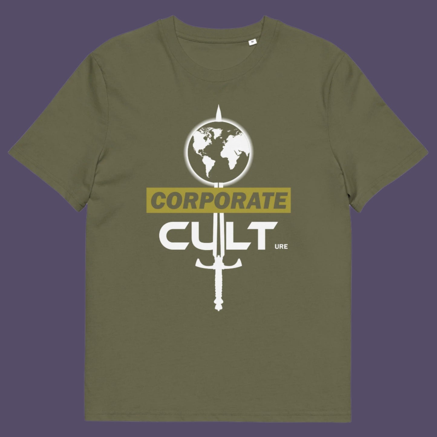 Khaki t shirt. This anti corporate t shirt suggests the corporate mind set and dehumanisation of people is like that of a religious cult. If you feel that corporate business is destroying the planet and the belief it it is paramount to a cult mentality, you'll love this political satire design. Welcome to corporate culture, the enemy of the planet. Made from 100% organic ring-spun cotton, these social issues t shirts are unisex, high-quality and eco-friendly.