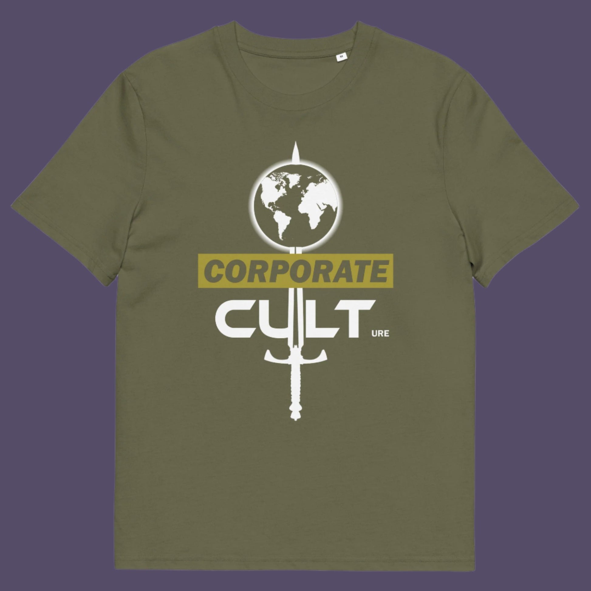 Khaki t shirt. This anti corporate t shirt suggests the corporate mind set and dehumanisation of people is like that of a religious cult. If you feel that corporate business is destroying the planet and the belief it it is paramount to a cult mentality, you'll love this political satire design. Welcome to corporate culture, the enemy of the planet. Made from 100% organic ring-spun cotton, these social issues t shirts are unisex, high-quality and eco-friendly.