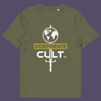 Khaki t shirt. This anti corporate t shirt suggests the corporate mind set and dehumanisation of people is like that of a religious cult. If you feel that corporate business is destroying the planet and the belief it it is paramount to a cult mentality, you'll love this political satire design. Welcome to corporate culture, the enemy of the planet. Made from 100% organic ring-spun cotton, these social issues t shirts are unisex, high-quality and eco-friendly.