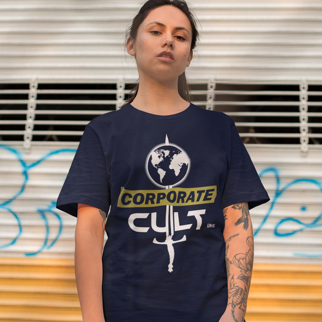 Person wearing a French navy 'corporate Cult' t shirt. This anti corporate t shirt suggests the corporate mind set and dehumanisation of people is like that of a religious cult. If you feel that corporate business is destroying the planet and the belief it it is paramount to a cult mentality, you'll love this political satire design. Welcome to corporate culture, the enemy of the planet. Made from 100% organic ring-spun cotton, these social issues t shirts are unisex, high-quality and eco-friendly.