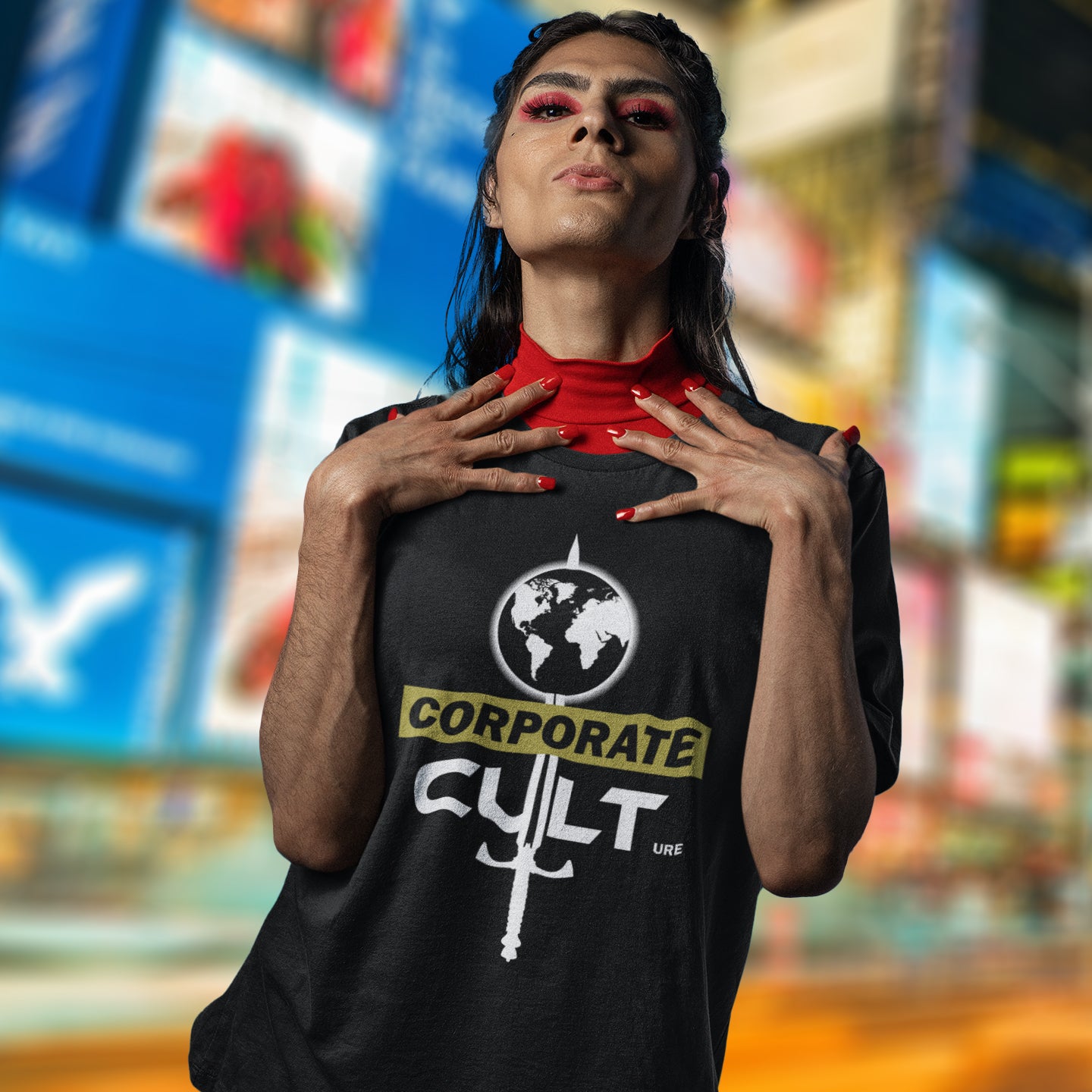 Person wearing a black t-shirt with 'Corporate Cult' logo. This anti corporate t shirt suggests the corporate mind set and dehumanisation of people is like that of a religious cult. Welcome to corporate culture, the enemy of the planet. Made from 100% organic ring-spun cotton, these social issues t shirts are unisex, high-quality and eco-friendly.