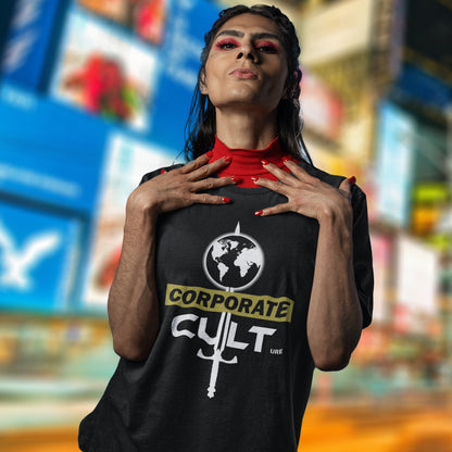 Person wearing a black t-shirt with 'Corporate Cult' logo. This anti corporate t shirt suggests the corporate mind set and dehumanisation of people is like that of a religious cult. Welcome to corporate culture, the enemy of the planet. Made from 100% organic ring-spun cotton, these social issues t shirts are unisex, high-quality and eco-friendly.