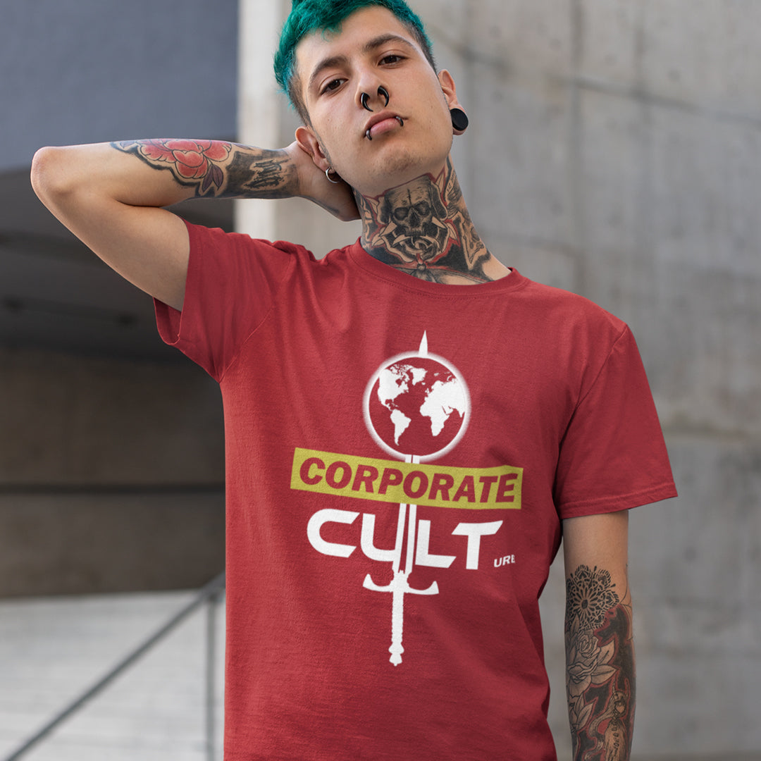 Person wearing a red 'Corporate Cult' t-shirt. This anti corporate t shirt suggests the corporate mind set and dehumanisation of people is like that of a religious cult. If you feel that corporate business is destroying the planet and the belief it it is paramount to a cult mentality, you'll love this political satire design. Welcome to corporate culture, the enemy of the planet. Made from 100% organic ring-spun cotton, these social issues t shirts are unisex, high-quality and eco-friendly.
