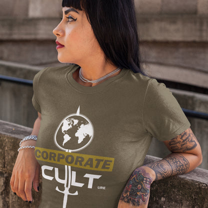 Woman wearing a khaki t-shirt with 'Corporate Cult' graphic design. This anti corporate t shirt suggests the corporate mind set and dehumanisation of people is like that of a religious cult. Welcome to corporate culture, the enemy of the planet. Made from 100% organic ring-spun cotton, these social issues t shirts are unisex, high-quality and eco-friendly.