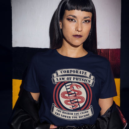 Person wearing a navy blue t-shirt with a graphic design and text. A satirical anti corporate t shirt depicting big business as heartless and lacking in morality. In the ever increasing cut throat environment of corporate business it appears that the less integrity you have the more successful you will be. Made from 100% organic ring-spun cotton, this broken society t shirt is unisex, high quality, super comfy, and best of all, eco-friendly.