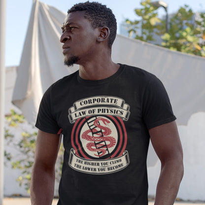 Man wearing a black t-shirt with a graphic design and text outdoors. A satirical anti corporate t shirt depicting big business as heartless and lacking in morality. In the ever increasing cut throat environment of corporate business it appears that the less integrity you have the more successful you will be. Made from 100% organic ring-spun cotton, this broken society t shirt is unisex, high quality, super comfy, and best of all, eco-friendly.