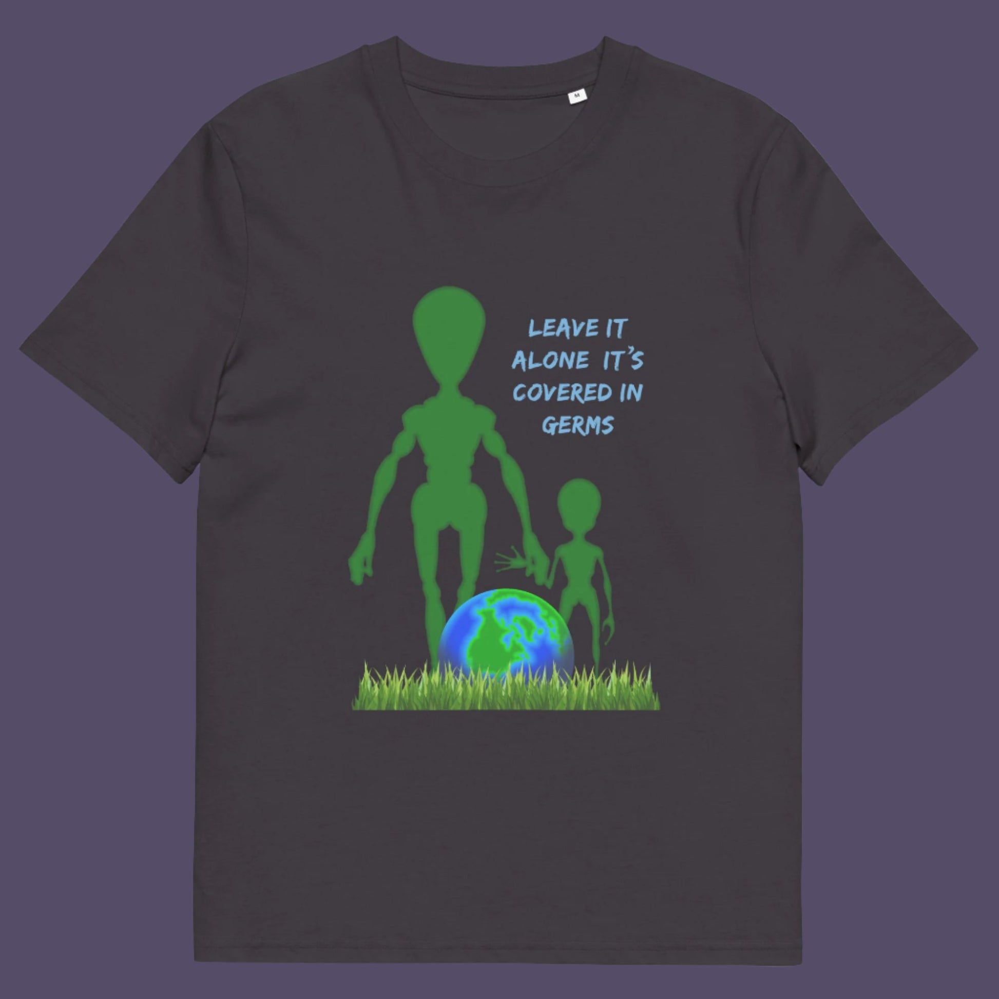 Anthracite t-shirt. A funny alien t-shirt design with a subtle overpopulation message. In the grand scheme of things, our planet and universe could just be the school project of a child from a superior race. Made from 100% organic ring-spun cotton, this witty alien t-shirt is unisex, high-quality, super comfy, and best of all, eco-friendly.
