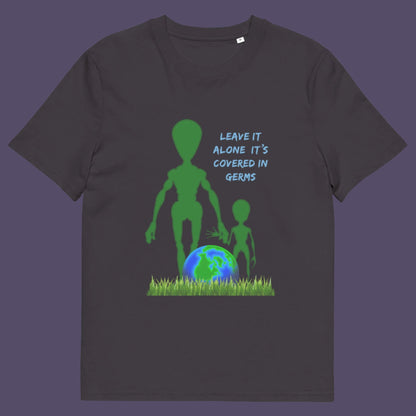 Anthracite t-shirt. A funny alien t-shirt design with a subtle overpopulation message. In the grand scheme of things, our planet and universe could just be the school project of a child from a superior race. Made from 100% organic ring-spun cotton, this witty alien t-shirt is unisex, high-quality, super comfy, and best of all, eco-friendly.