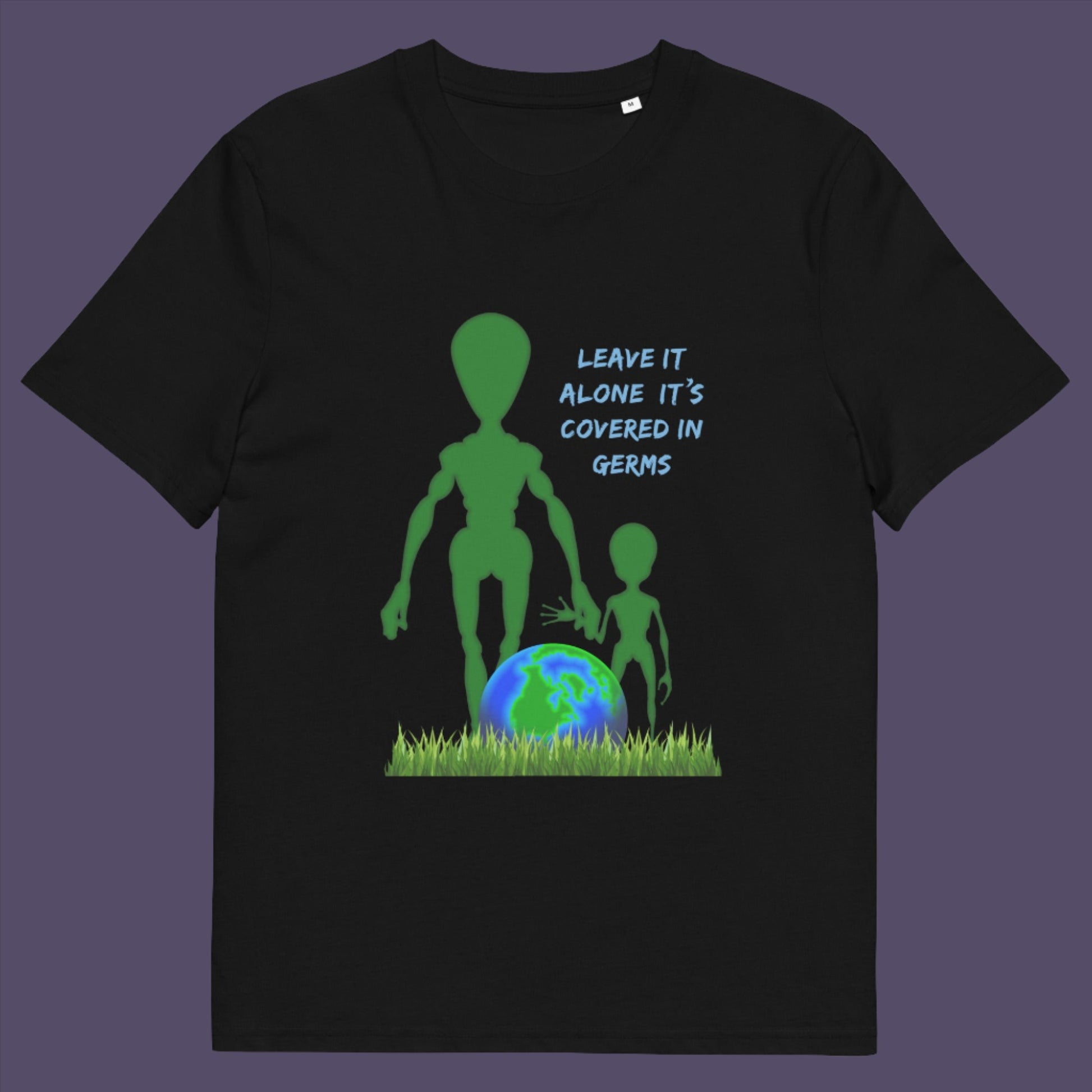 Black t-shirt. A funny alien t-shirt design with a subtle overpopulation message. In the grand scheme of things, our planet and universe could just be the school project of a child from a superior race. Made from 100% organic ring-spun cotton, this witty alien t-shirt is unisex, high-quality, super comfy, and best of all, eco-friendly.