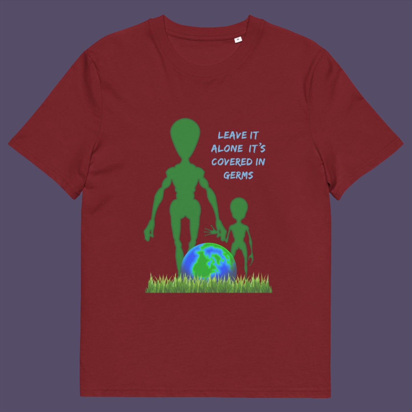 Burgundy t-shirt. A funny alien t-shirt design with a subtle overpopulation message. In the grand scheme of things, our planet and universe could just be the school project of a child from a superior race. Made from 100% organic ring-spun cotton, this witty alien t-shirt is unisex, high-quality, super comfy, and best of all, eco-friendly.