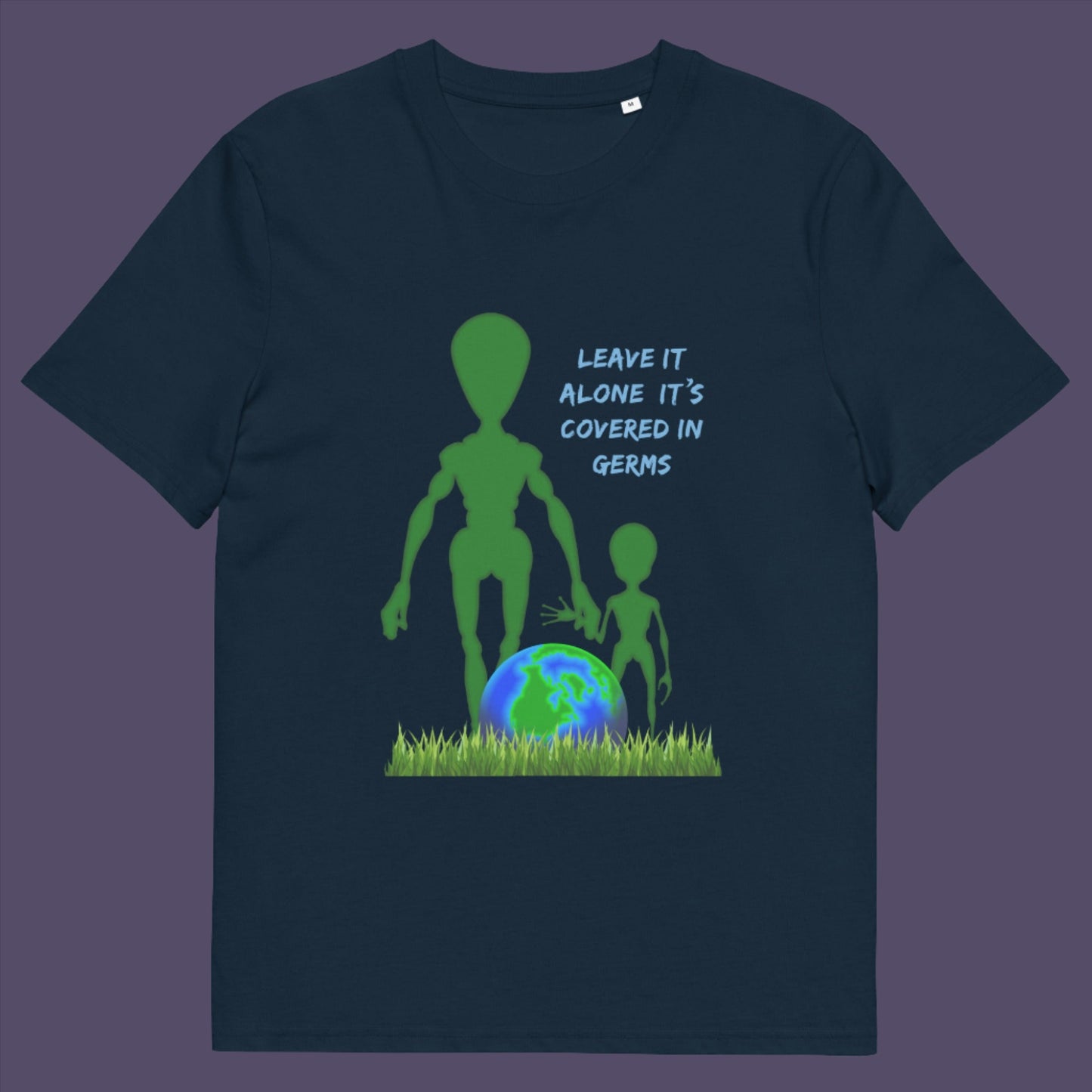 French navy t-shirt. A funny alien t-shirt design with a subtle overpopulation message. In the grand scheme of things, our planet and universe could just be the school project of a child from a superior race. Made from 100% organic ring-spun cotton, this witty alien t-shirt is unisex, high-quality, super comfy, and best of all, eco-friendly.