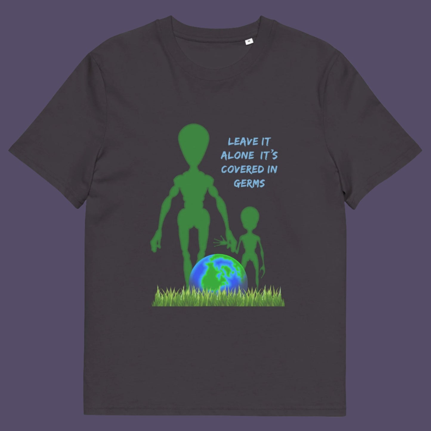 Anthracite t-shirt. A funny alien t-shirt design with a subtle overpopulation message. In the grand scheme of things, our planet and universe could just be the school project of a child from a superior race. Made from 100% organic ring-spun cotton, this funny sci fi t shirt is unisex, high-quality, super comfy, and best of all, eco-friendly.