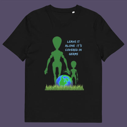 Black t-shirt. A funny alien t-shirt design with a subtle overpopulation message. In the grand scheme of things, our planet and universe could just be the school project of a child from a superior race. Made from 100% organic ring-spun cotton, this funny sci fi t shirt is unisex, high-quality, super comfy, and best of all, eco-friendly.