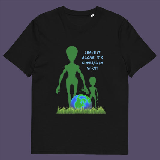 Black t-shirt. A funny alien t-shirt design with a subtle overpopulation message. In the grand scheme of things, our planet and universe could just be the school project of a child from a superior race. Made from 100% organic ring-spun cotton, this funny sci fi t shirt is unisex, high-quality, super comfy, and best of all, eco-friendly.