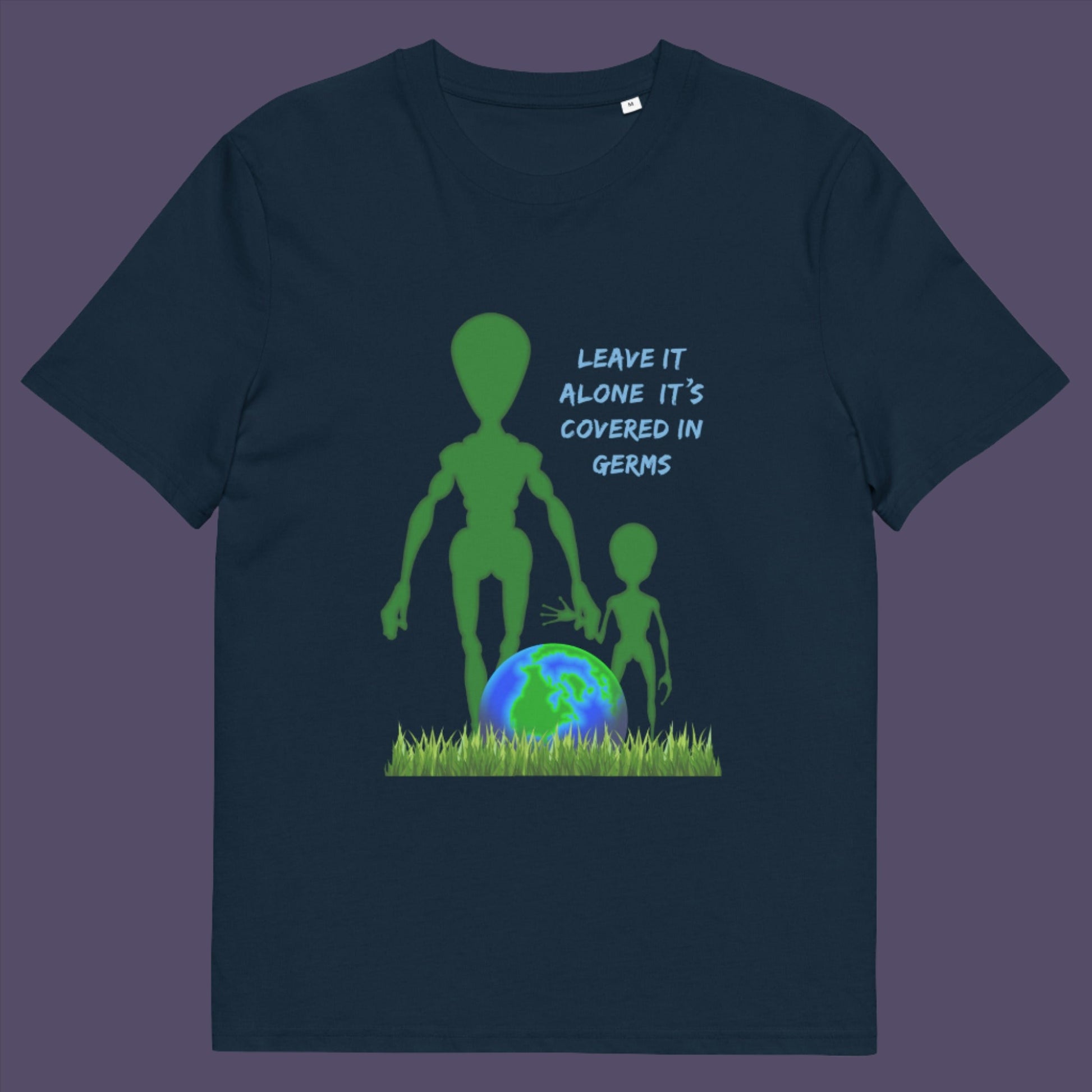 French navy t-shirt. A funny alien t-shirt design with a subtle overpopulation message. In the grand scheme of things, our planet and universe could just be the school project of a child from a superior race. Made from 100% organic ring-spun cotton, this funny sci fi t shirt is unisex, high-quality, super comfy, and best of all, eco-friendly.