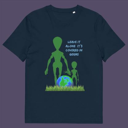 French navy t-shirt. A funny alien t-shirt design with a subtle overpopulation message. In the grand scheme of things, our planet and universe could just be the school project of a child from a superior race. Made from 100% organic ring-spun cotton, this funny sci fi t shirt is unisex, high-quality, super comfy, and best of all, eco-friendly.