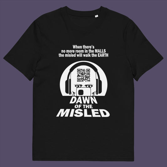 Black t-shirt. A counterculture t-shirt in the theme of a famous 1970's horror movie. This satirical design highlights the modern consumer who buys what they are told to buy by social media and corporate advertising. Made from 100% organic ring-spun cotton, this underground anti-consumerism t-shirt is unisex, high-quality, super comfy, and best of all, eco-friendly.