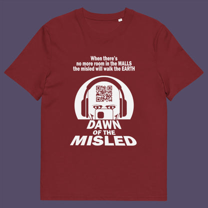 Burgundy t-shirt. A counterculture t-shirt in the theme of a famous 1970's horror movie. This satirical design highlights the modern consumer who buys what they are told to buy by social media and corporate advertising. Made from 100% organic ring-spun cotton, this underground anti-consumerism t-shirt is unisex, high-quality, super comfy, and best of all, eco-friendly.