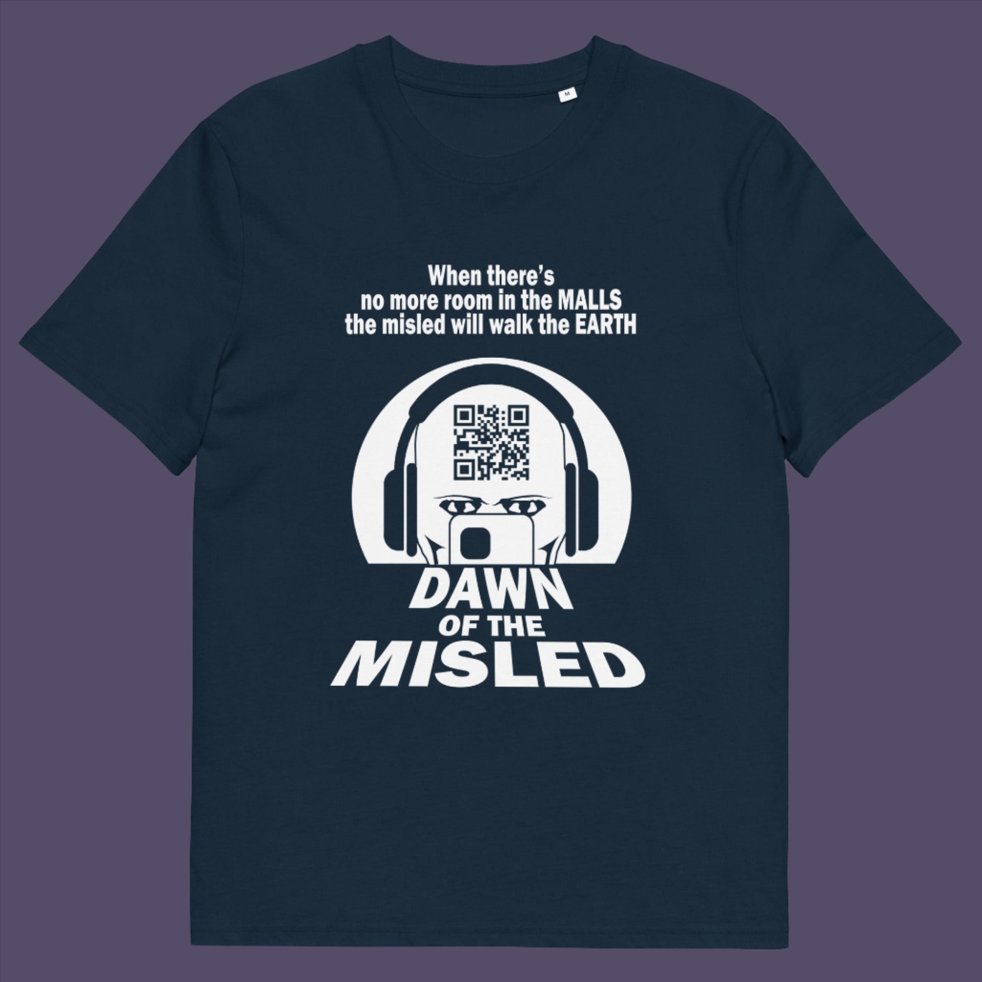 French navy t-shirt. A counterculture t-shirt in the theme of a famous 1970's horror movie. This satirical design highlights the modern consumer who buys what they are told to buy by social media and corporate advertising. Made from 100% organic ring-spun cotton, this underground anti-consumerism t-shirt is unisex, high-quality, super comfy, and best of all, eco-friendly.