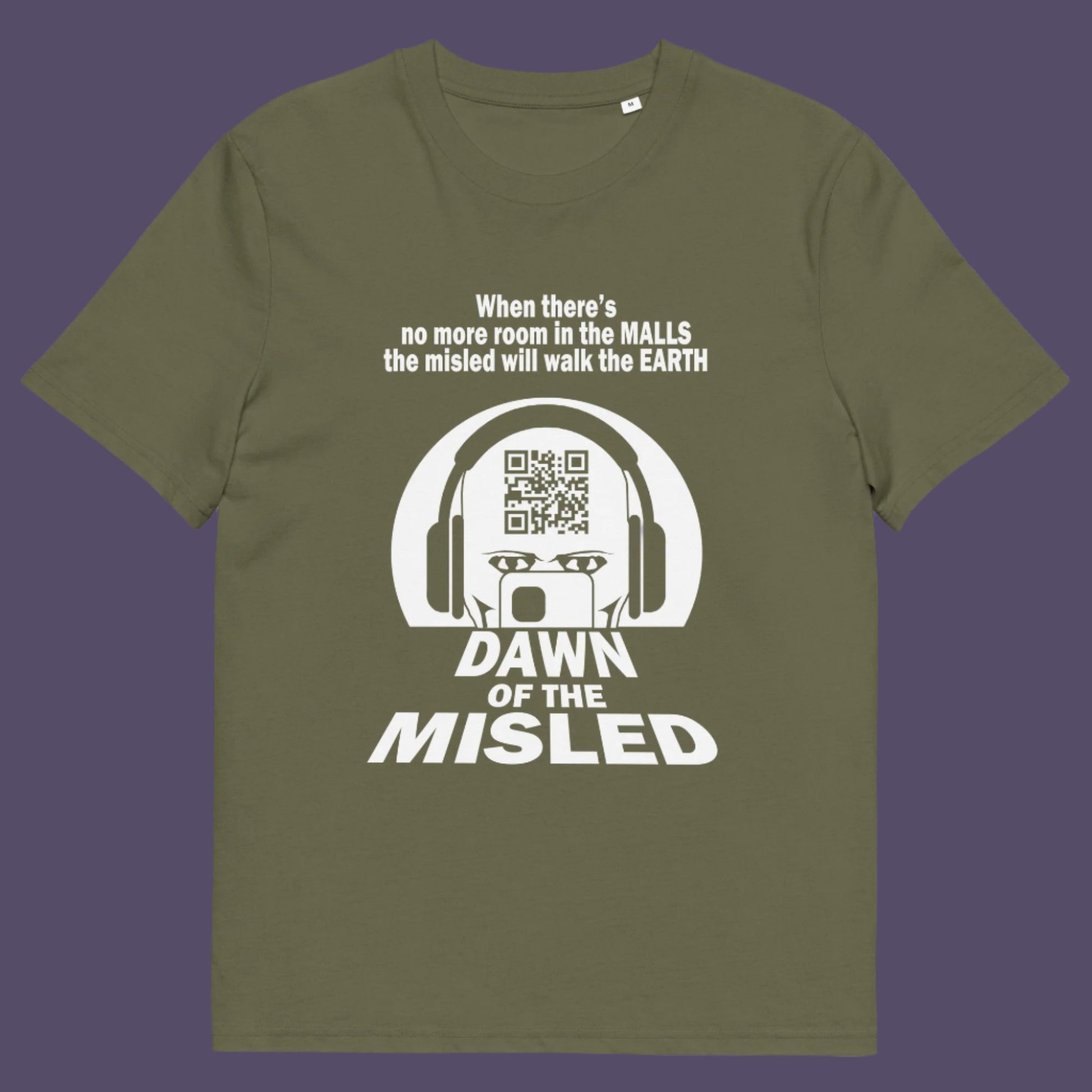 Khaki t-shirt. A anti consumerism t shirt in the theme of a famous 1970's horror movie. This satirical design highlights the modern consumer who buys what they are told to buy by social media and corporate advertising. Made from 100% organic ring-spun cotton, this underground anti consumerism t shirt is unisex, high-quality, super comfy, and best of all, eco-friendly.