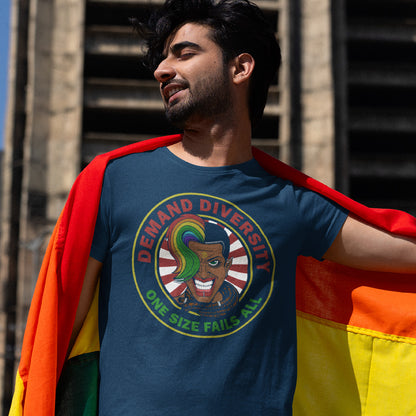 Person wearing a t-shirt with a graphic design and a rainbow cape. This gender equality t shirt highlights the need for a multi cultural society. Diversity improves growth, knowledge and understanding, demand it, One size never fits all. Versatility is a virtue. Made from 100% organic ring-spun cotton, this LGTBQ+ right t shirt is unisex, high-quality, super comfy, and best of all, eco-friendly.