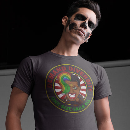 Person wearing a t-shirt with a graphic design and text, against a dark background. This gender equality t shirt highlights the need for a multi cultural society. Diversity improves growth, knowledge and understanding, demand it, One size never fits all. Versatility is a virtue. Made from 100% organic ring-spun cotton, this LGTBQ+ right t shirt is unisex, high-quality, super comfy, and best of all, eco-friendly.