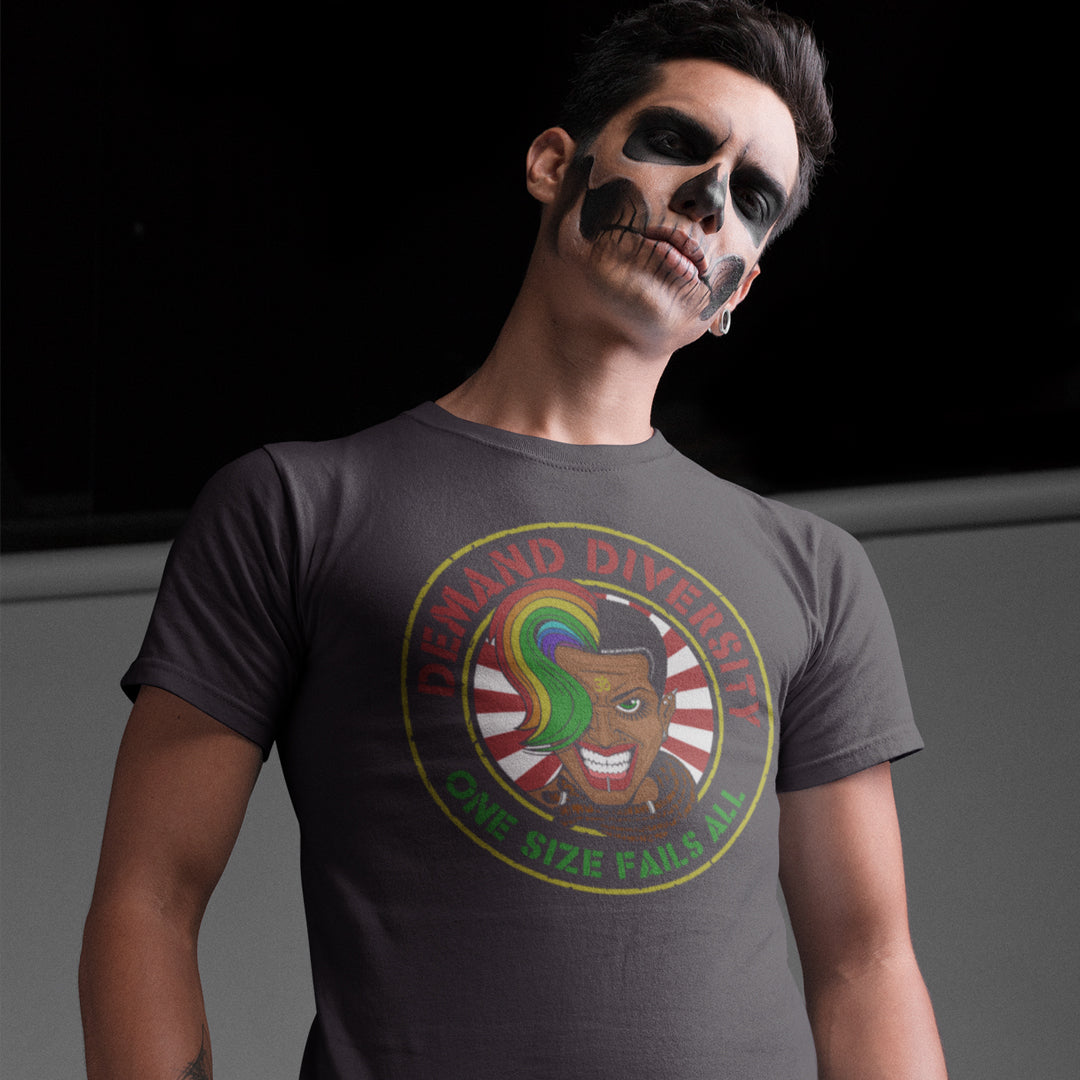 Man with skeletal face paint wearing an anthracite grey t shirt with a Demand diversity logo.