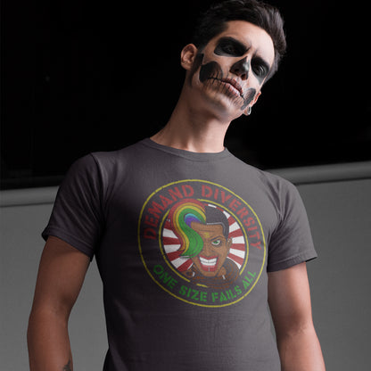 Man with skeletal face paint wearing an anthracite grey t shirt with a Demand diversity logo.