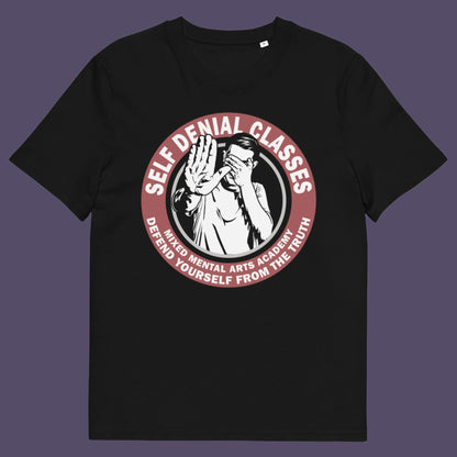 Black t shirt. This emotional intelligence t shirt satirically highlights self denial as an increasing part of everyday life and suggests we could provide classes to improve it. This sarcastic urban art design laughs at people who want to protect themselves from the truth. Made from 100% organic ring-spun cotton, this broken society t shirt is unisex, high-quality, super comfy, and best of all, eco-friendly.