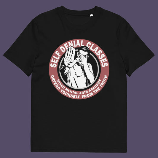 Black t shirt. This emotional intelligence t shirt satirically highlights self denial as an increasing part of everyday life and suggests we could provide classes to improve it. This sarcastic urban art design laughs at people who want to protect themselves from the truth. Made from 100% organic ring-spun cotton, this broken society t shirt is unisex, high-quality, super comfy, and best of all, eco-friendly.