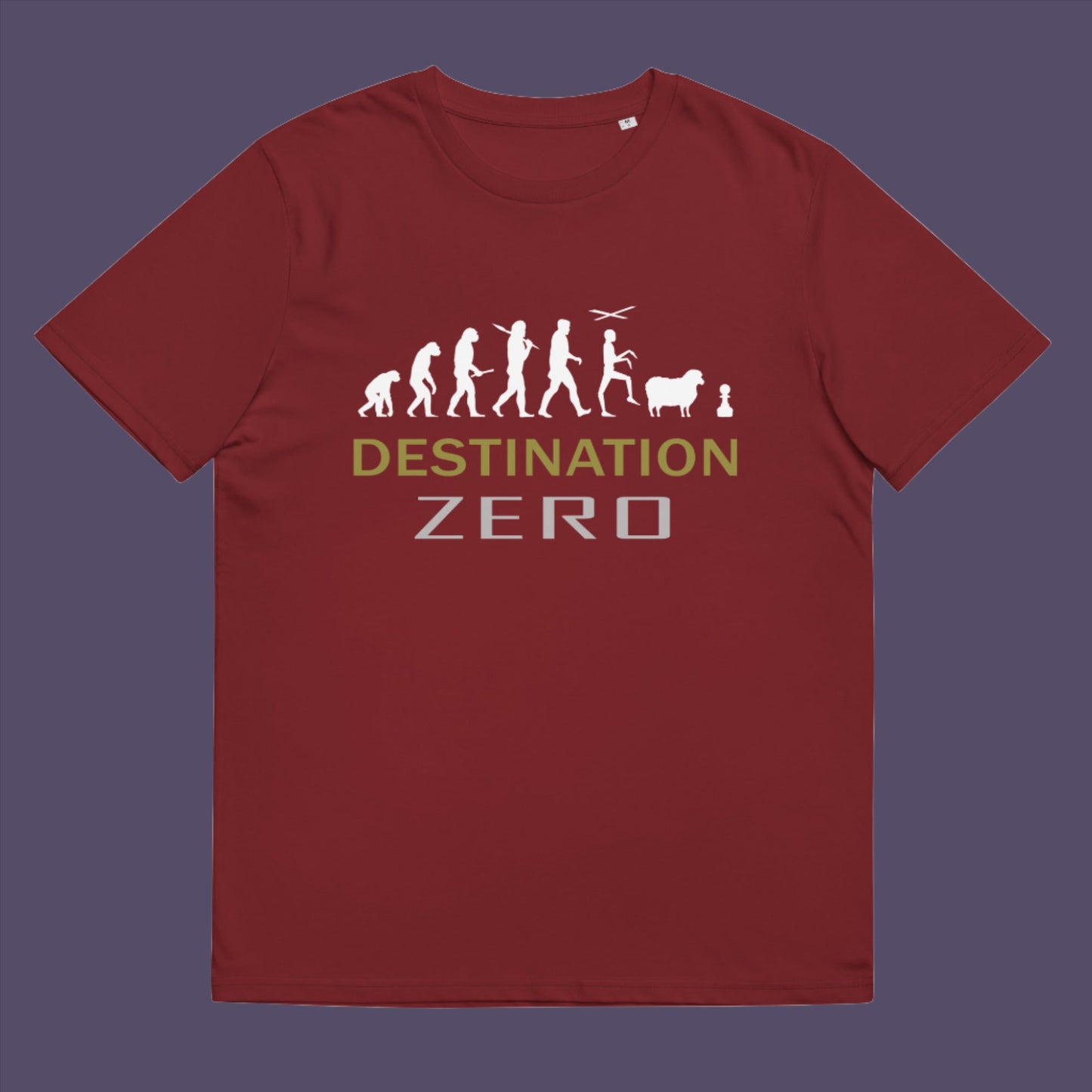 Burgundy t-shirt. A satirical t-shirt design suggesting a de-evolution of humankind. As we rely more and more on technology to do our thinking for us, It's starting to look like we are not destined for great things as a race. Made from 100% organic ring-spun cotton, this social awareness t-shirt is unisex, high-quality, super comfy, and best of all, eco-friendly.