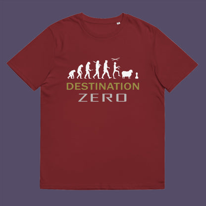 Burgundy t-shirt. A satirical t-shirt design suggesting a de-evolution of humankind. As we rely more and more on technology to do our thinking for us, It's starting to look like we are not destined for great things as a race. Made from 100% organic ring-spun cotton, this social awareness t-shirt is unisex, high-quality, super comfy, and best of all, eco-friendly.
