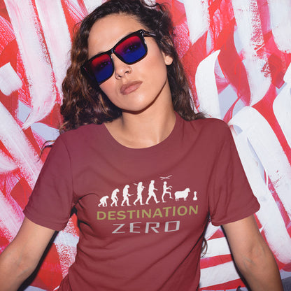 Person wearing a burgundy
 t-shirt with 'Destination Zero' design against a red and white abstract background. A satirical t-shirt design suggesting a de-evolution of humankind. As we rely more and more on technology to do our thinking for us, It's starting to look like we are not destined for great things as a race. Made from 100% organic ring-spun cotton, this social awareness t-shirt is unisex, high-quality, super comfy, and best of all, eco-friendly.