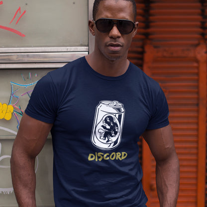 Man wearing a French navy blue t-shirt with a Discord logo and text, standing against a graffiti-covered wall. A Banksy style t-shirt suggesting a discord between modern generations and nature. A stencil art testament to the soda pop generation. Brought up on energy drinks and born with a Wi-Fi connection. Made from 100% organic ring-spun cotton, this street art t-shirt is unisex, high-quality, super comfy, and best of all, eco-friendly.