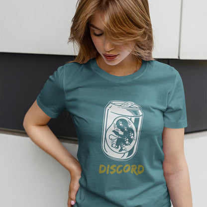 Woman wearing a stargazer t-shirt with a graphic design and the word 'DISCORD' on it. A stencil graffiti t shirt suggesting a discord between modern generations and nature. A street art t shirt testament to the soda pop generation. Brought up on energy drinks and born with a Wi-Fi connection. Made from 100% organic ring-spun cotton, this urban art t shirt is unisex, high-quality, super comfy, and best of all, eco-friendly.