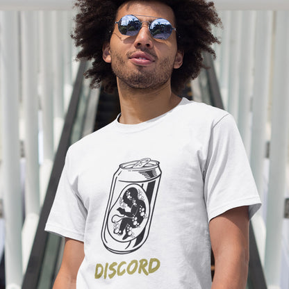 Man wearing a white t-shirt with a graphic design and 'DISCORD' text. A stencil graffiti t shirt suggesting a discord between modern generations and nature. A street art t shirt testament to the soda pop generation. Brought up on energy drinks and born with a Wi-Fi connection. Made from 100% organic ring-spun cotton, this urban art t shirt is unisex, high-quality, super comfy, and best of all, eco-friendly.