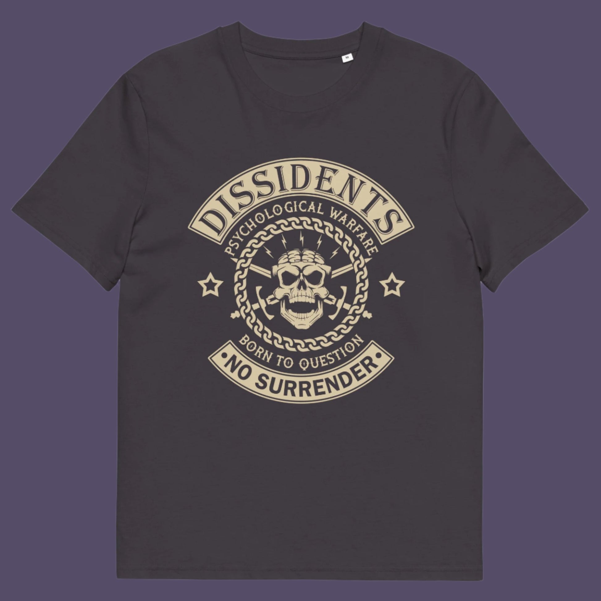 Anthracite t shirt. An anti government t shirt suggesting we are living in a psychological war. Designed in a motorcycle club style, this dissident t shirt is for those among us that feel they are fighting for their freedom to think independently and to make their own choices. Made from 100% organic ring-spun cotton, this non conformist t shirt is unisex, high-quality, super comfy, and best of all, eco-friendly.